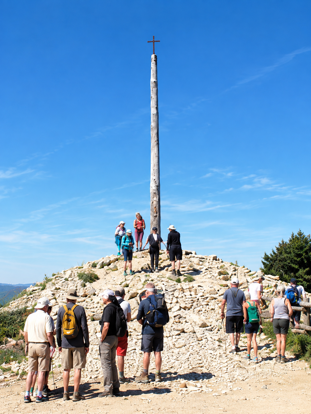 The iron cross of the Cruz de Ferro above a mound of pilgrim stones