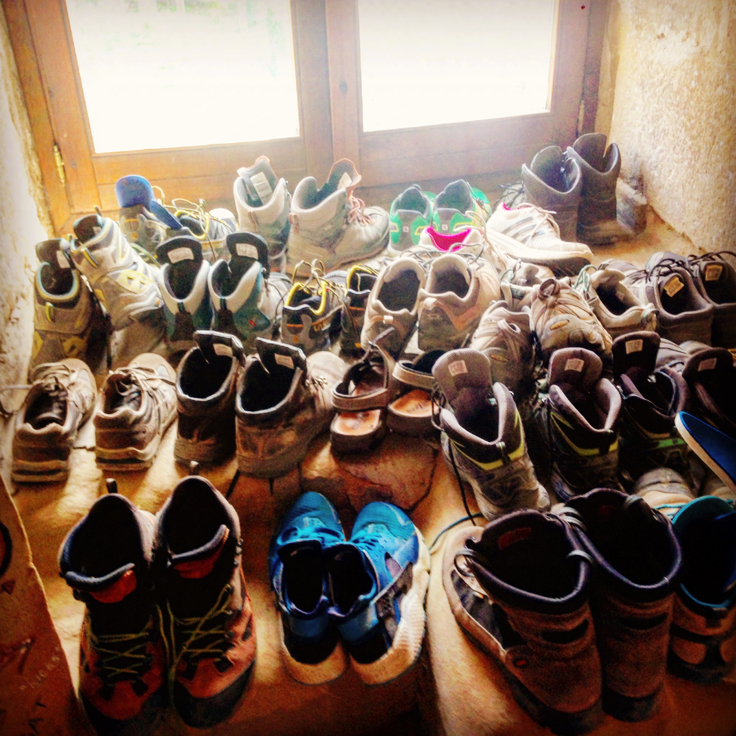Well-worn walking shoes, ready for the Camino